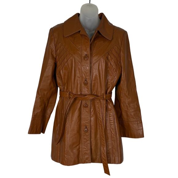 Vintage 70s Leather Belted Short Trench Style Mod Groovy Tan Jacket Women's S/M - Picture 1 of 9